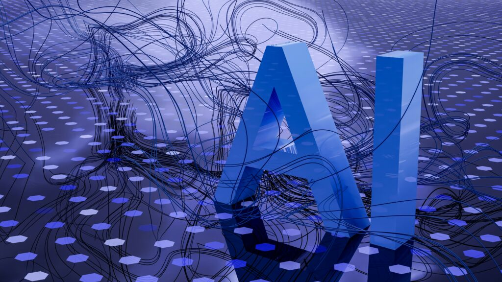 Blue background with strings showing the letters 'AI'